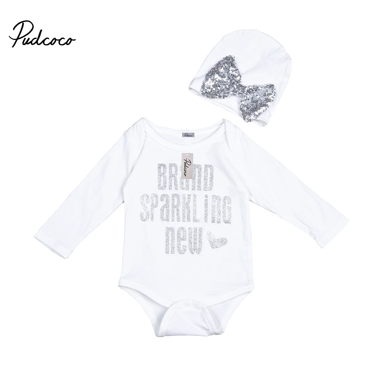 

Cute Xmas Sequins Baby Girl Letter Print Princess Bodysuit Jumpsuit Bow Hat Cotton Outfit Kids Clothes Set