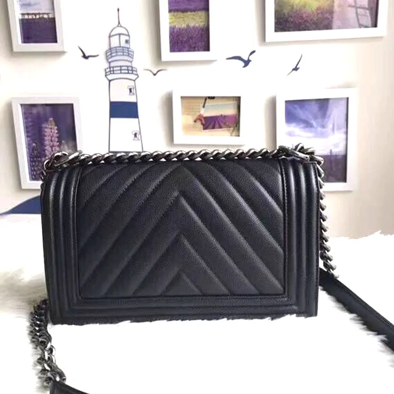 

Caviar genuine leather crossbody bags top quality Luxury handbags women chevron designer brand chain bags le boy shoulder bag