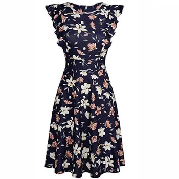 

NEW-Women's Summer Vintage Ruffle Flora Printed Sleeveless A Line Swing Casual Cocktail Party Midi Dress Flora