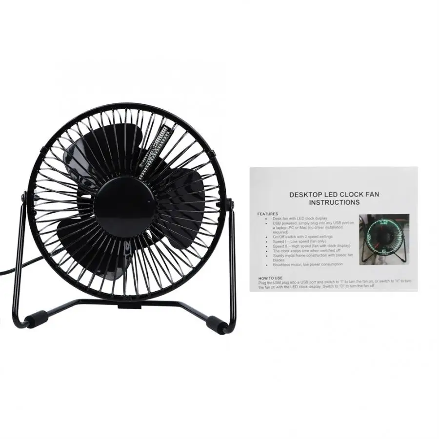 Mini Usb Desk Fan Led Time Clock 360 Degree Rotation Small Quiet