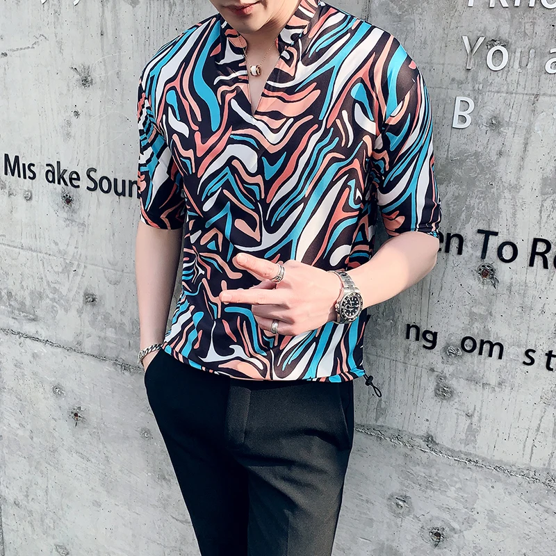

Man Half Sleeve Shirts Male V-Neck Tops Stand Collar Dress Shirt Fashion 2019 Summer Casual Tuxedo Shirt Men camisa masculina