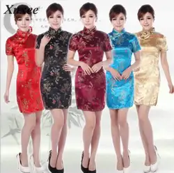 Новое поступление китайский женский Qipao короткий стиль Cheongsam женское традиционное шелковое атласное платье Дракон и Феникс Размер S M L XL XXL