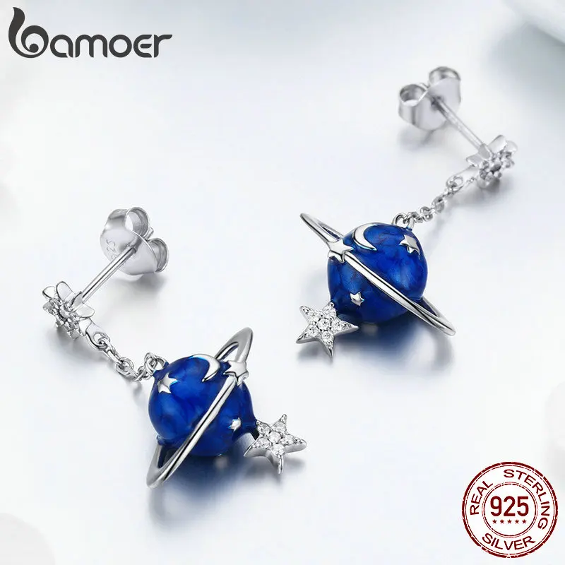 Tanie BAMOER 925 srebro Secret Planet Moon kolczyki wiszące w kształcie gwiazdki dla kobiet czysta cyrkonia srebro biżuteria BSE016