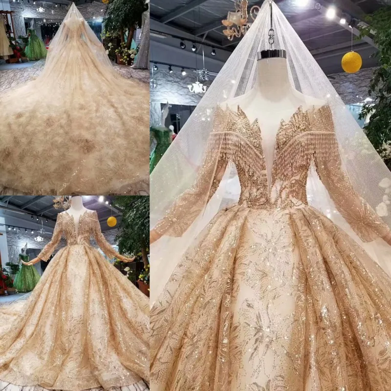 Женское свадебное платье SSYFashion роскошное золотистое с длинными рукавами и