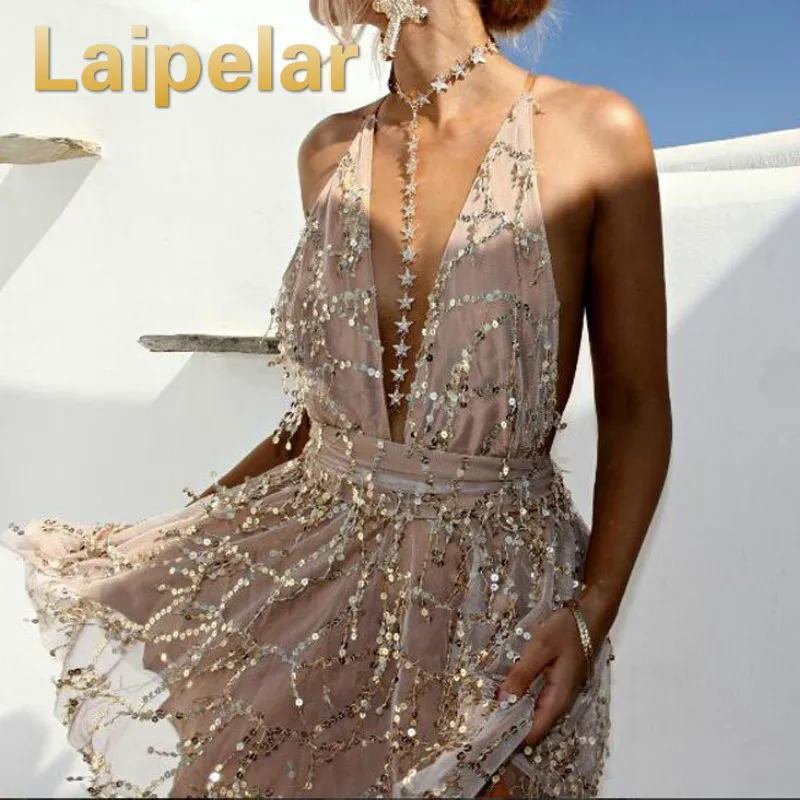 

Laipelar 2019 sexy party dresses women Backless halter Black Gold mini dress party tassel Summer dress club wear