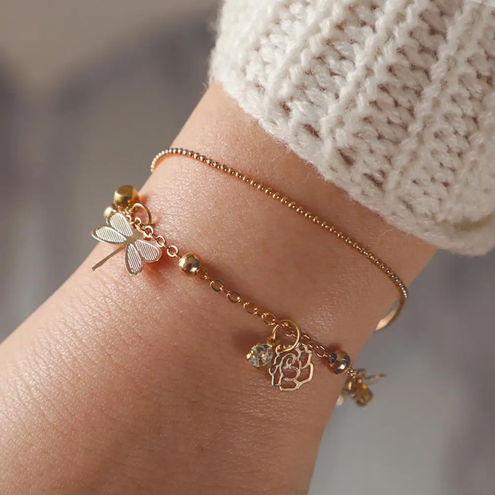 Women Hollow Dragonfly Rhinestone Wrist Bracelet Anklet Chains Jewelry