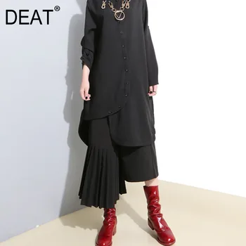 

[DEAT] 2020 New Spring Summer High Waist Loose Black Irregular Pleated Stitch Wide Leg Pants Women Trousers Fashion Tide JO261