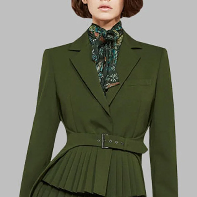 Autumn Winter Notched Long Slim Blazers Vintage Women Pleated Blazer Sashes Long Sleeve Female Tops