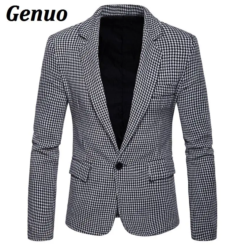 Genuo Повседневное Блейзер Для мужчин 2018 Новое поступление Для мужчин s Slim Fit Blazer куртка плед одной кнопки мужской костюм Весте Homme верхняя