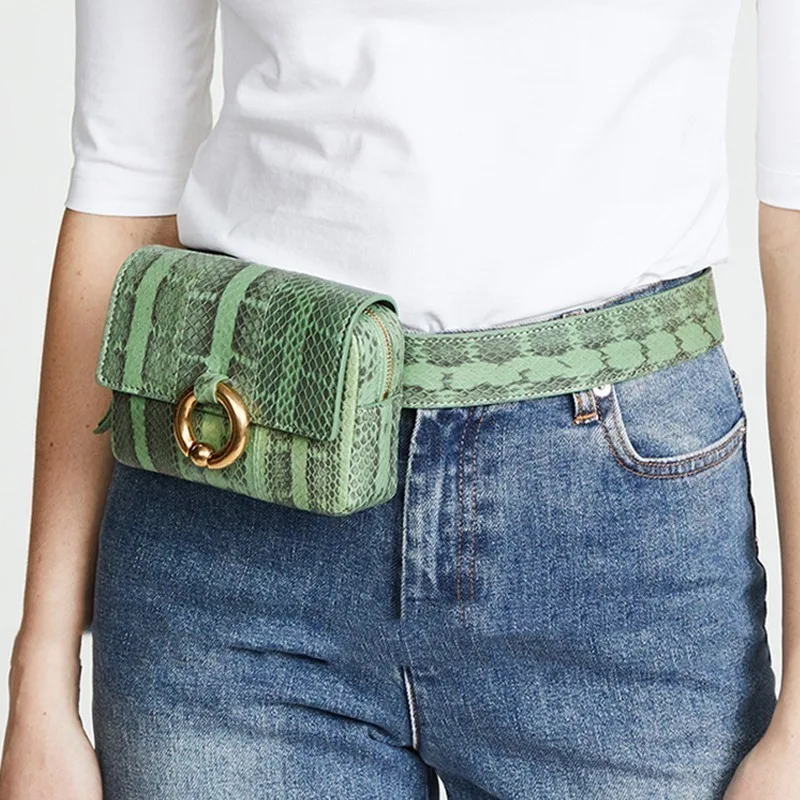 

2019 New Spring Women Faux Leather Serpentine Print Waist Bags Female Fashion Pu Belt Pockets Woman Black Mini Bust Bags OC048