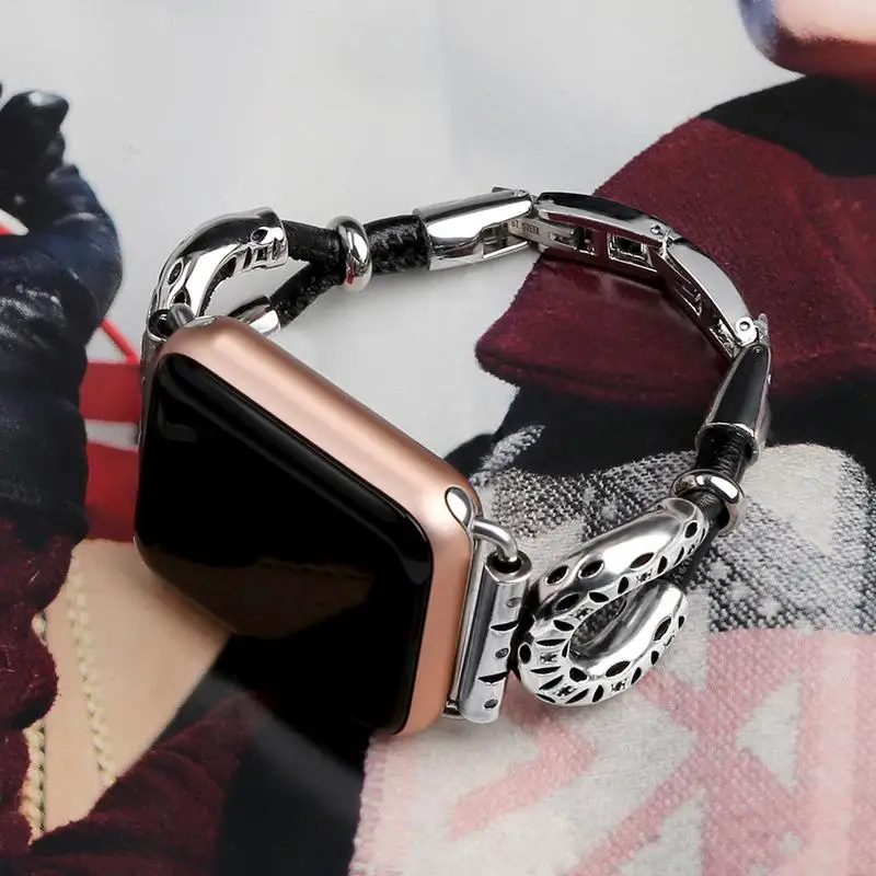 

For Apple Watch Retro Watchband Sheepskin Cord Metal Wrist Strap Chain Watch Bands Diamond-Embedded IWatch Strap