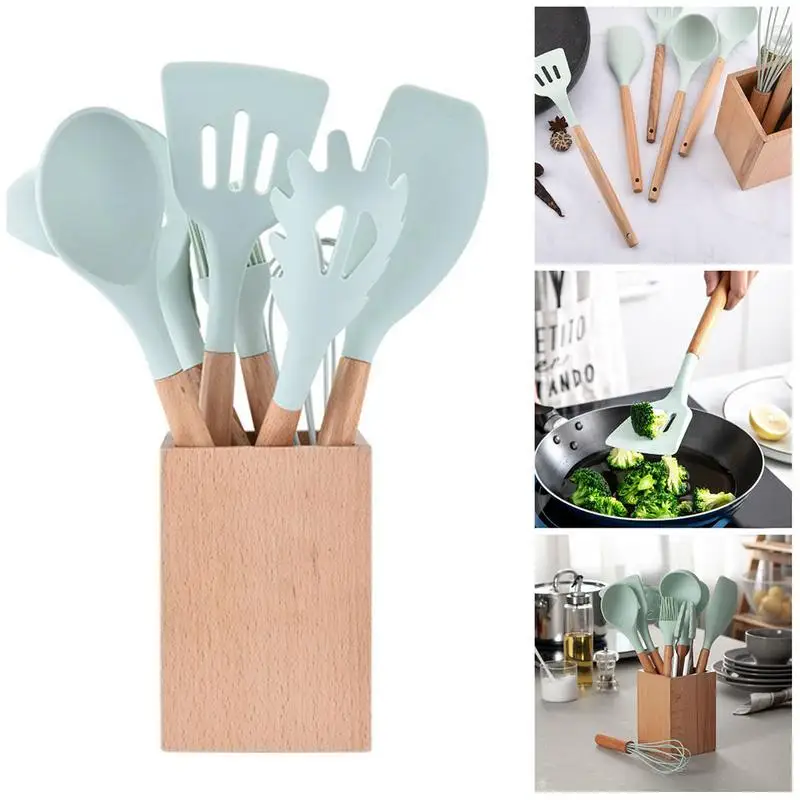 

9PCS/10PCS Silicone Kitchenware Wooden Handles Kooking Tools Nonstick Cookware BPA Free Turner Tongs Spatula Spoon Kitchen Kit
