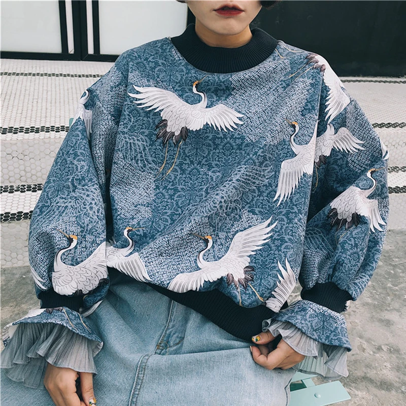  Harajuku Sweatshirts Hoodies Women Korean Ulzzang Vintage Crane Printed Long Sleeve Pullover Hoodie