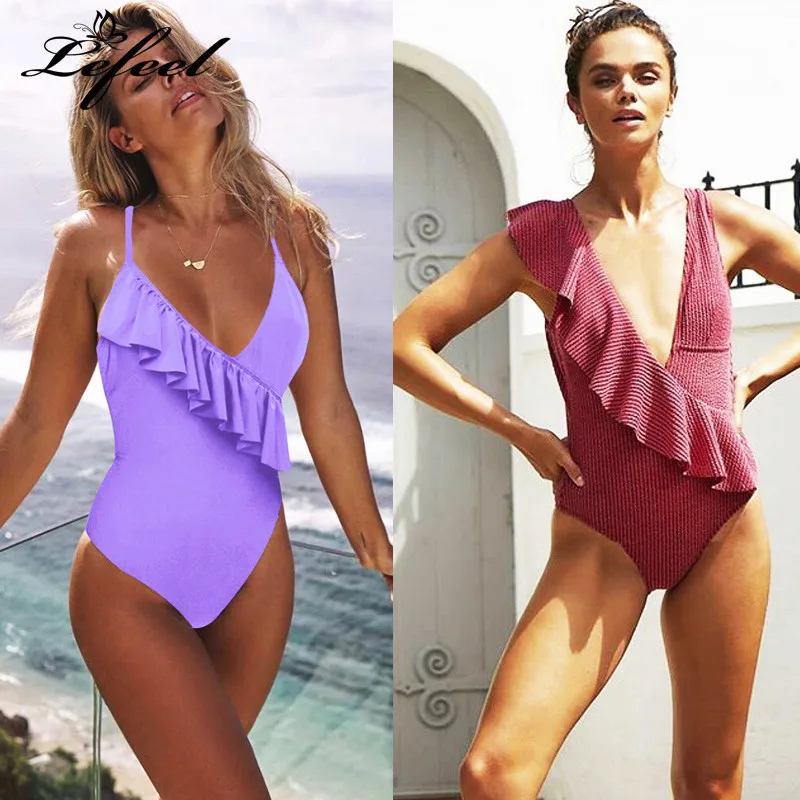 

Lefeel One Piece Swimsuit Women Ruffles Swimwear 2019 New Sexy Solid Bikini Print Bikinis Set Monokini Bathing Suit Biquini