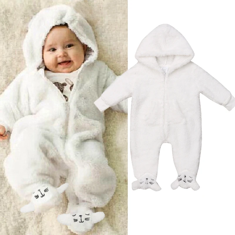 

Newborn Baby Boy Girl Fur Warm Winter Romper Long Sleeve Hooded Zipper Jumpsuits Romper Outfits Set Clothes