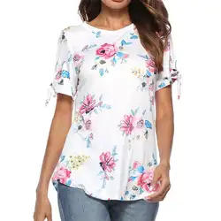 Лето 2019 Для женщин шифоновая футболка плюс Размеры 2XL модный принт Короткие топы Свободные дышащие с круглым вырезом тонкий Повседневное