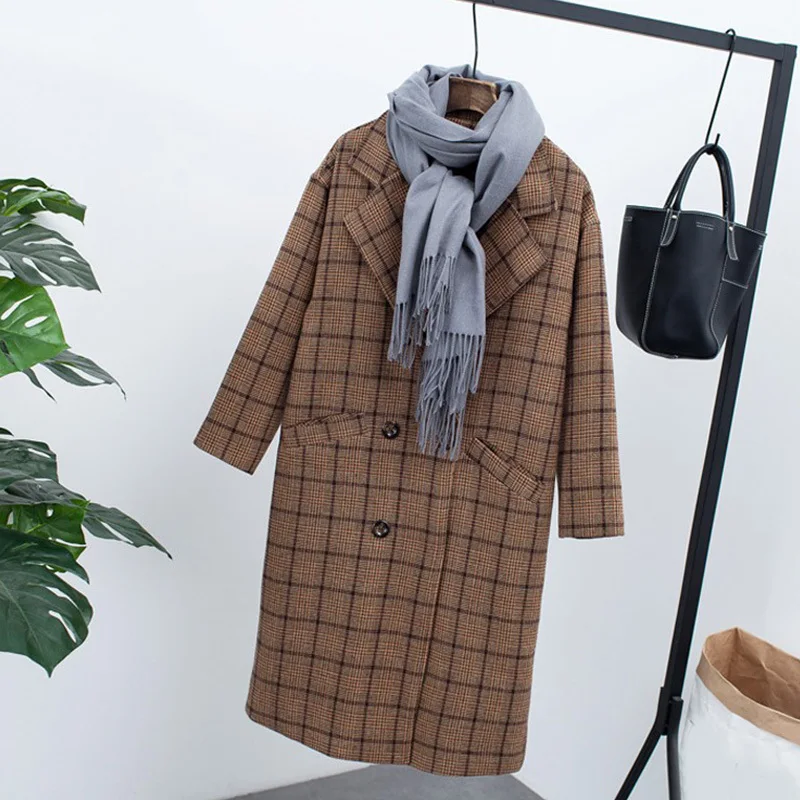 Women's Plaid Thick Woolen Jacket Thicken Long Wool Coats Female 2019 Women Winter Spring Warm Coat Outwear Manteau Uk Cloak