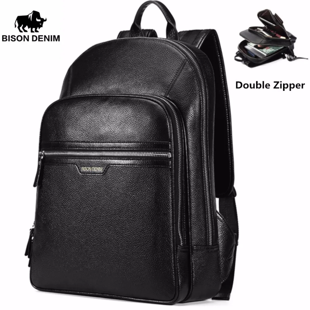 

2018 BISON DENIM Genuine Leather Laptop Backpack Male Casual Backpack Travel Backpack Male Fashion Backpack Schoolbag For Men