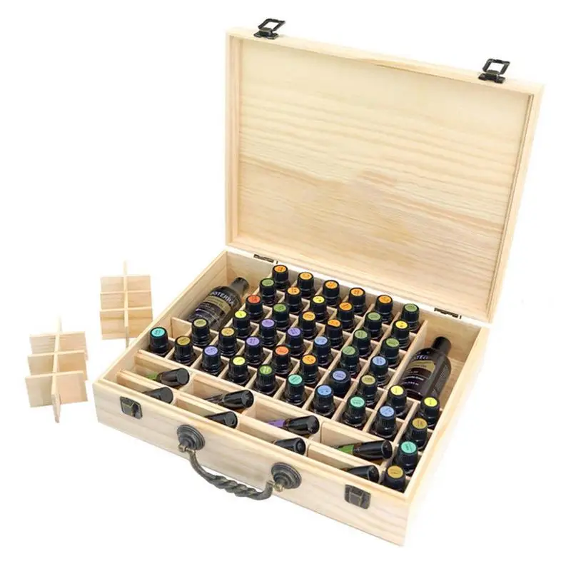 

AUGKUN Pine Essential Oil Bottle Storage Box with 70 Compartments Wooden Storage Case