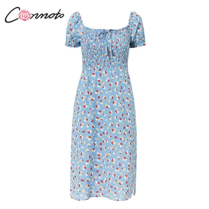 Conmoto Винтажное платье миди со шнуровкой, сексуальное платье в стиле бохо с цветочным принтом, богемное летнее платье, лето