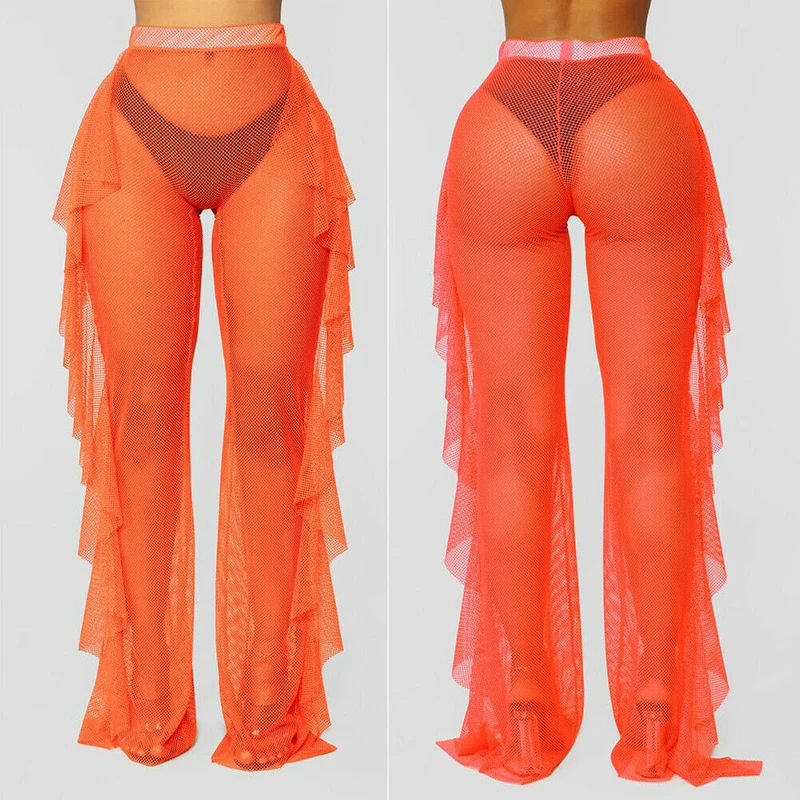 

Women Sexy Mesh Sheer Pants See Through Beach Cover Up Casual Long Trousers Ladies Clothes Holiday Clothing Summer Fashion New