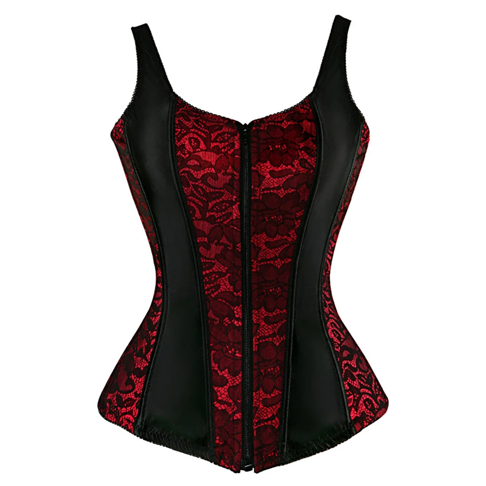 

Wipalo Plus Size Sweetheart Neck Front Zip Up Back Lace Up Corset Lace Panel Patchwork Straps Vintage Corset Big Size 4XL-6XL