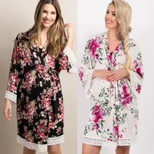 Шелковые кружевные халаты с цветочным принтом, женский халат для беременных, короткий халат, платье с длинным рукавом, мини-платья, одежда для сна, Повседневная Мягкая домашняя одежда