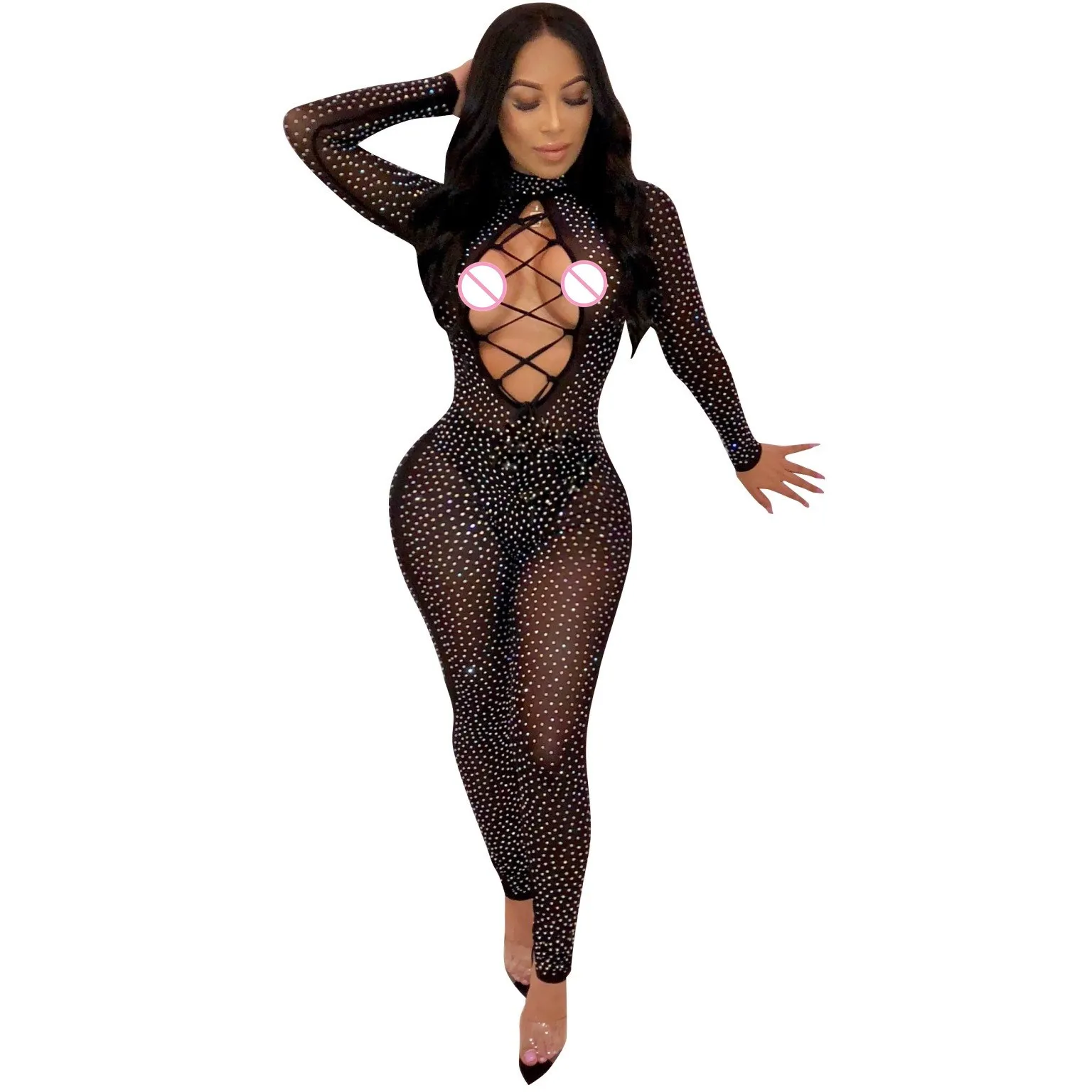 2019 Fashion Rhinestone Mesh Jumpsuit Women Long Sleeve Hollow Out Lace Up Sexy Jumpsuits Skinny Casual Party Long Romper 2019 Fashion Rhinestone Mesh Jumpsuit Women Long Sleeve Hollow Out Lace Up Sexy Jumpsuits Skinny Casual Party Long Romper