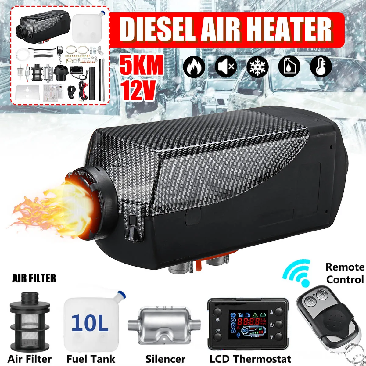 

Car Heater 12V 5000W Carbon Pattern Air Diesels Fuel Heater Single Hole With Remote Silencer 10L Tank 5Kw For Trucks Boats Etc