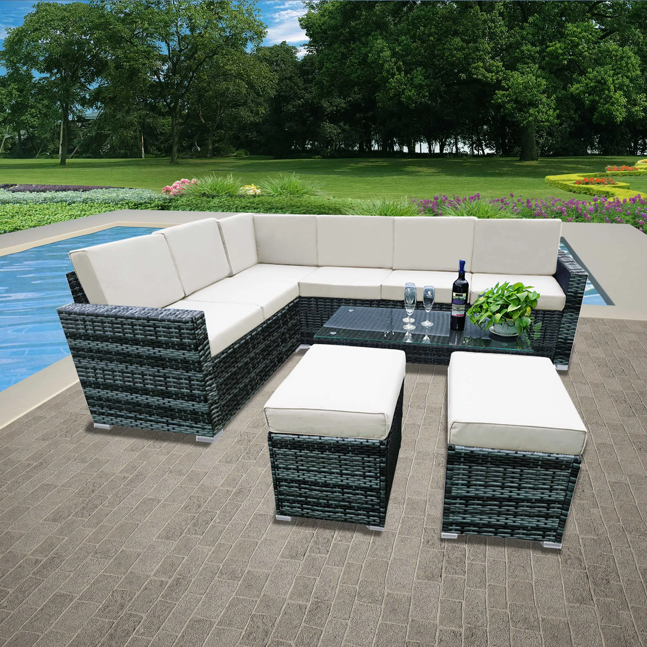 

Panana New Upgrade Framework 6 pcs Conservatory Rattan Corner Sofa Set Garden Furniture Set Large Party Swimming Pool Lounge