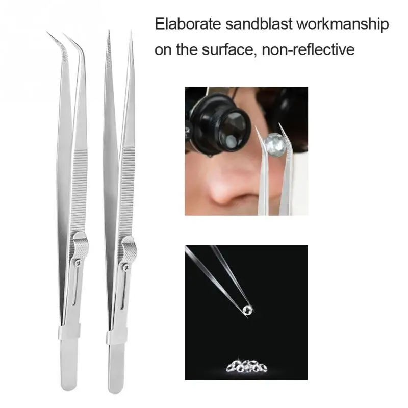 

Professional Jewelry Making Tool Anti-slip Design Adjustable Stainless Steel Curved Straight Tweezers With Lock for Jeweler