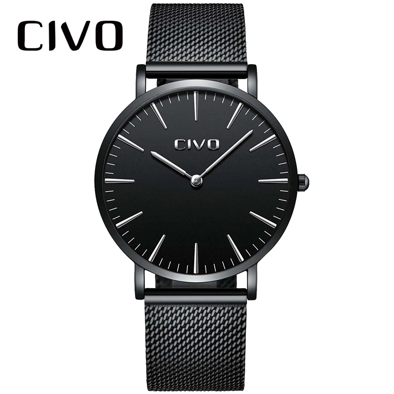 

CIVO Waterproof Black Steel Mesh Strap Wristswatch For Man Fashion Simple Ultra Thin 6 MM Analogue Quartz Watch With Date Clock