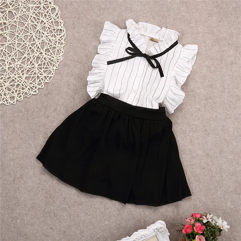 

Girls Clothes Set 2PCS Set Girls Dress Kids Baby Summer Toddler striped Bow Tops+Skirt T-shirt Outfits Clothes Girls culottes
