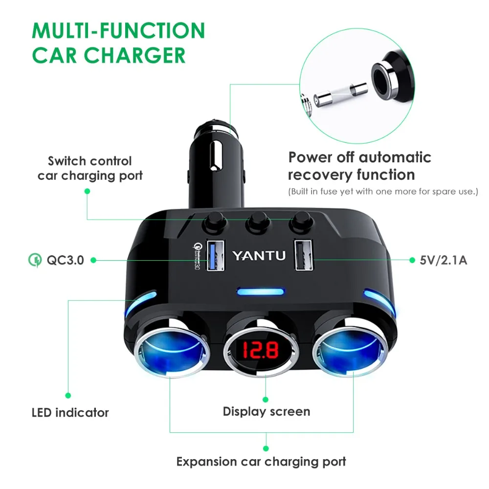 SOONHUA QC3.0 سيارة ولاعة السجائر المقبس الفاصل شاحن USB مزدوج محول مع الجهد عرض 12 V-24 V للهاتف MP3 اللوحي