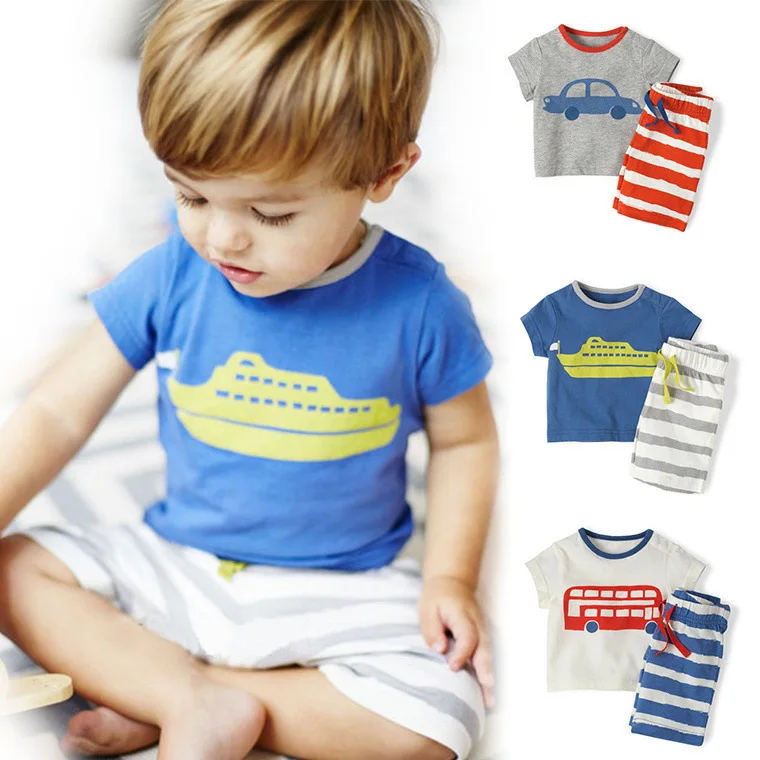 

2017 A Summer Short Sleeve Children Suit Pure Cotton Cartoon Automobile Pattern Yarn Dyed Bar Shorts Children Suit 3 Color