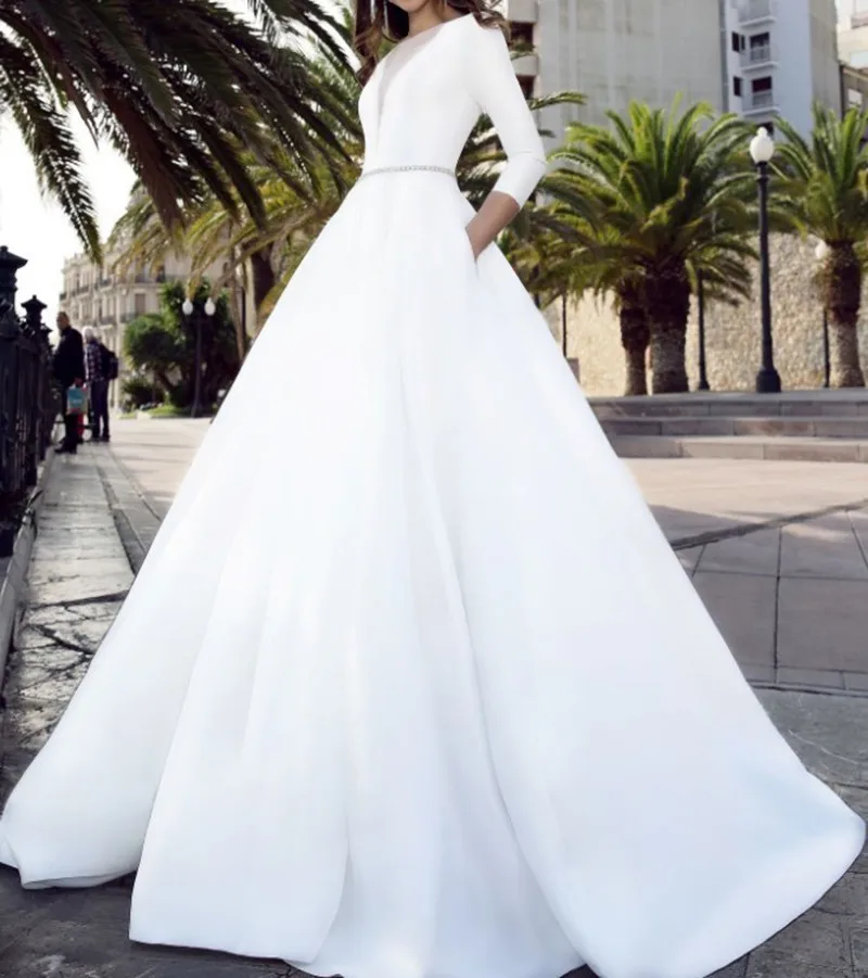 Hot Vivian S Bridal 2018 Vintage Soft Satin Pockets Wedding Vivian S Bridal 2018 Vintage Soft Satin Pockets Wedding Dress Y Front Back Deep V Illusion Mesh Zipper Long