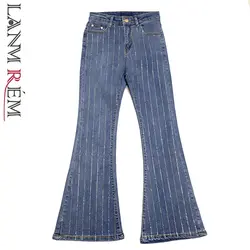 LANMREM 2019 Высокое качество Новые Модные Винтажные Женские джинсы для Для женщин Повседневное Высокая Талия Брюки со стразами джинсовое