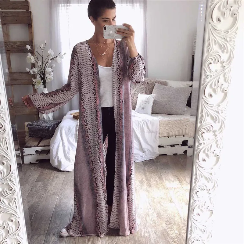 

Women Coat Boho Style Snake Print Chiffon Cardigan Loose Maxi Ladies Coats Long Jacket Women Long Sleeve Coat Summer Ladies Tops