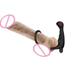 10 Speed Penis Vibrating Ring Double Penetration Strapon Dildo Vibrator Anal Beads Butt Plug G Spot Vibrator Sex Toys for Couple