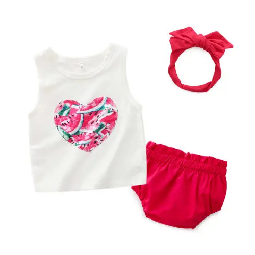 Newborn Cute Baby Girls Cotton Tops Romper Heart Pants Outfits 3Pcs Set Clothes Size 0-24M |