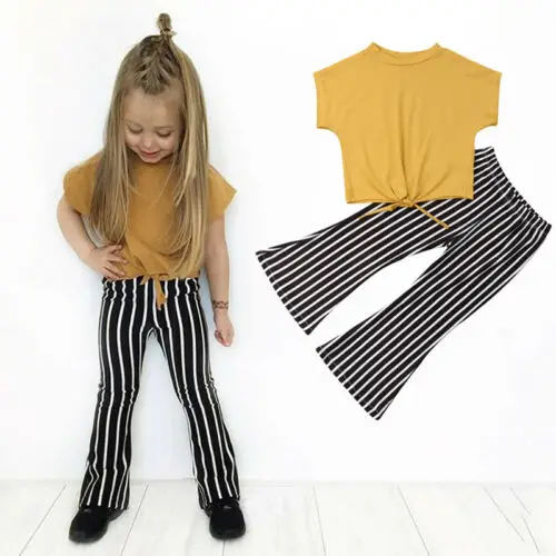 

Baby Girl Clothes Fashion Kids Girls Black And White Stripes Bell-bottomed Pants Vest T Shirts Tops Summer Outfits 2-7T 2PCS Set