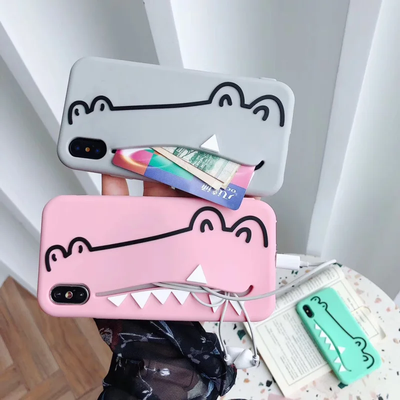 Милый мультфильм 3D Крокодил посылка чехол для телефона для iPhoneXs MAX Xr X 7 8 6s плюс слоты для карт кошелек силиконовый мягкий чехол Fundas