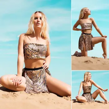 

Women 2Piece Set Evening Party Glitter Sequined Strapless Sleeveless Bodycon Stain Skirt Shiny Crop Top