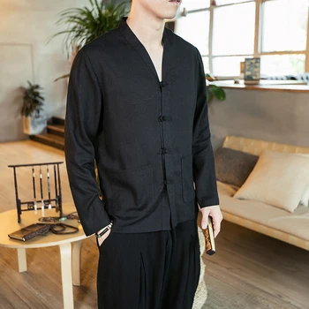 

Cotton and Linen Fabric Long-sleeved Shirt men Chinese Style Single-breasted Shirt Mens Large Size S-5XL men shirt
