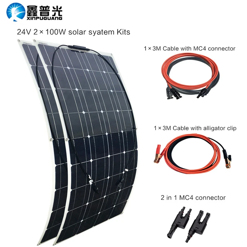 

200W Solar System 100Watt*2 Flexible Solar Panel Monocrystalline Module Efficient Cell Cable Battery RV Yacht Car Home Charger