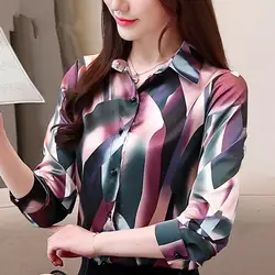 Длинные рукава рубашки женские 2019 новые весенние печати шифон блузка рубашка отложной воротник в полоску офисная блузка женские Топы