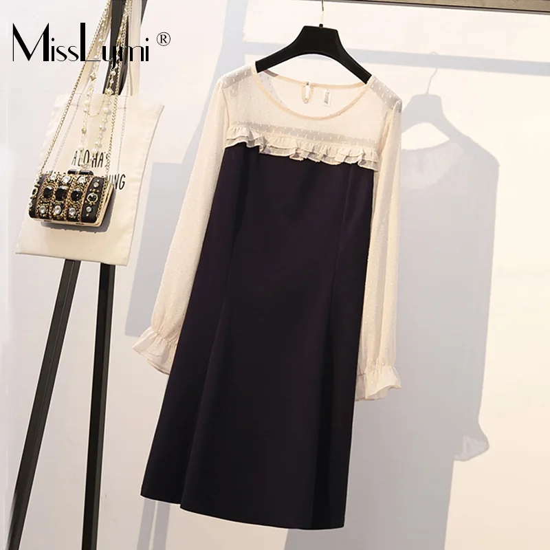 

XL-5XL Plus Size Casual Dress Women Clothes Spring 2019 Pleated Ruffle Patchwork Long Sleeve Loose A-Line Elegant Dresses