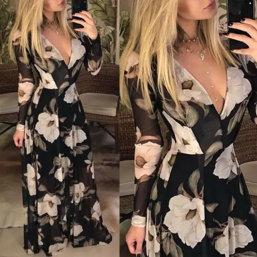 

Womens Boho Maxi Dress Party Ladies Holiday Long Sleeve Dress