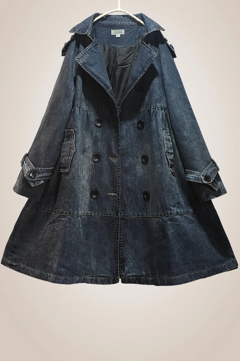 2018 Lavé Pleine Automne Col Veste Manches Manteau Wb14901xl Mode Femmes Taille Profond Long Plus Qlzw Denim ligne Hiver A blue Black down Turn La d6wzdp