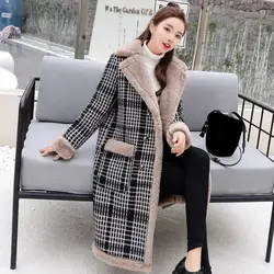 Корейский стиль искусственная плед шерстяное пальто одноцветное Новинка 2018 года осень зима для женщин толстые длинные ягнят пальт